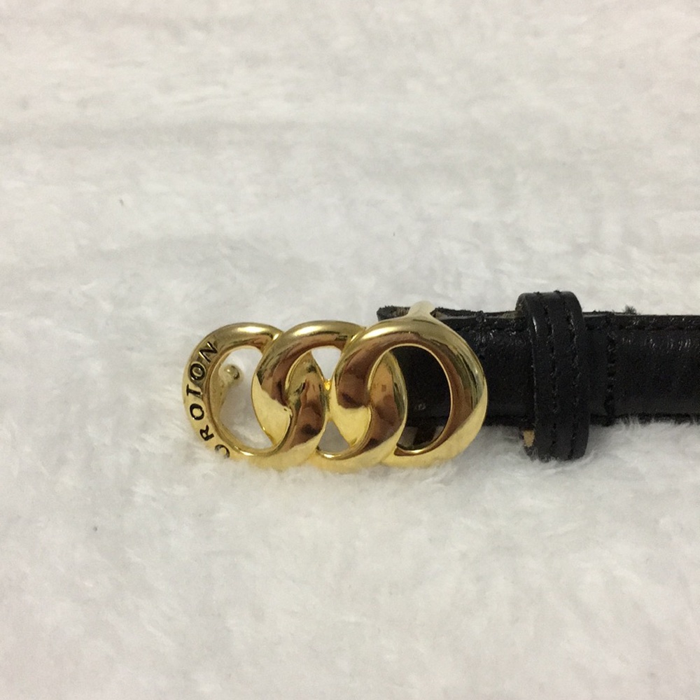 Oroton black leather belt with gold clasp